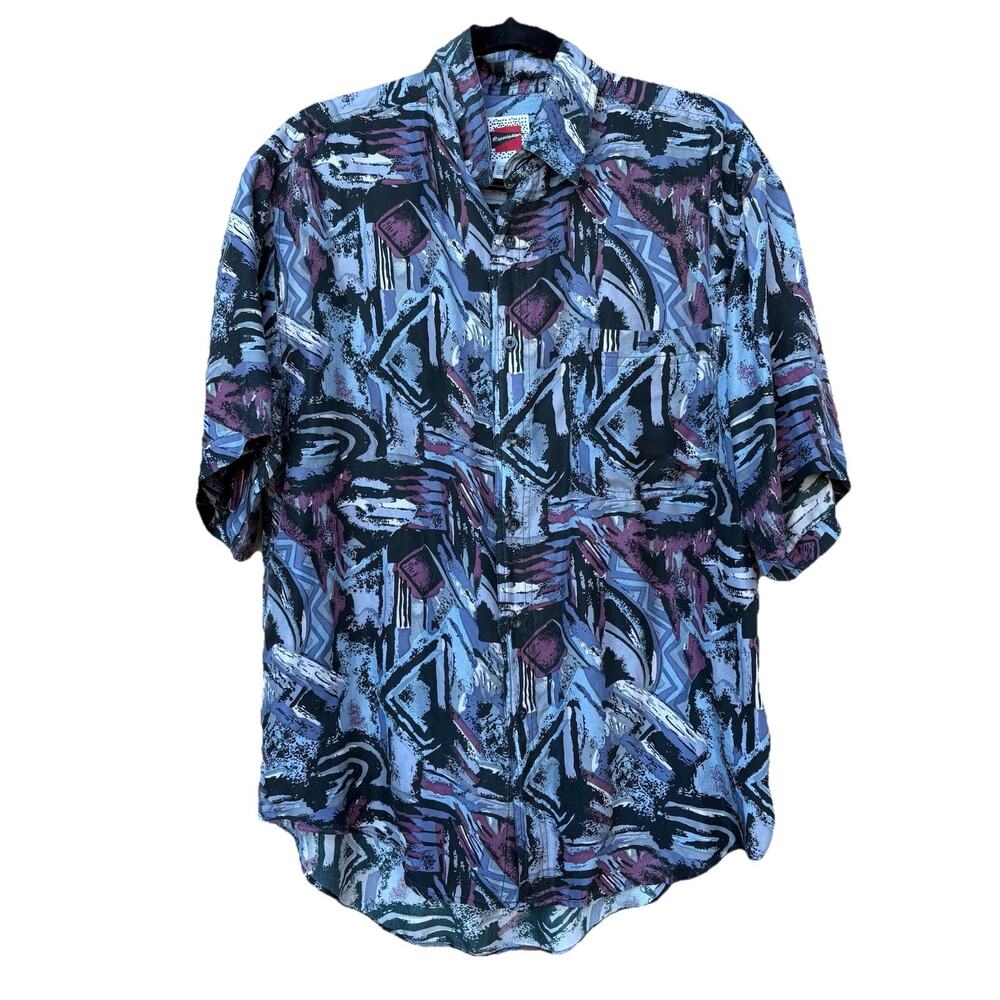 Reputation 90s Abstract Print 100% Silk Patterned Men’s Medium Black Purple Gray